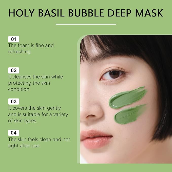Holy Basil Bubble Deep Mask – Holy Basil & Carbonated Water for Cleansing Pores & Blackheads, Korean Clay to Bubble Wash-Off Pack (90g / 3.17 oz) (1P)