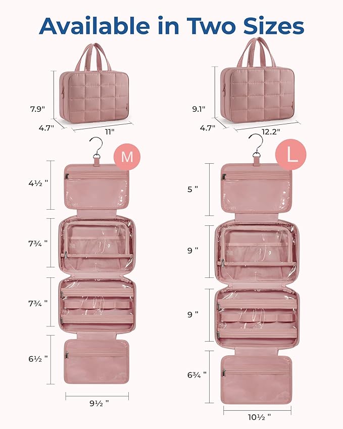 BAGSMART Travel Toiletry Bag with Jewelry Organizer, Hanging Travel Bag for Toiletries, Puffy Makeup Cosmetic Bag Organizer, Carry-on Travel Accessories Essentials, Dark Pink-L