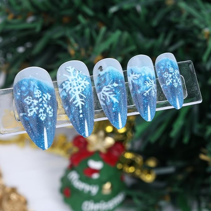 Snowflake Press on Nails Medium Almond Fake Nails Gradient Blue Full Cover Winter False Nails Christmas Glue on Nails White Snow Artificial Acrylic Nail for Women DIY Christmas Nails Decoration 24Pcs