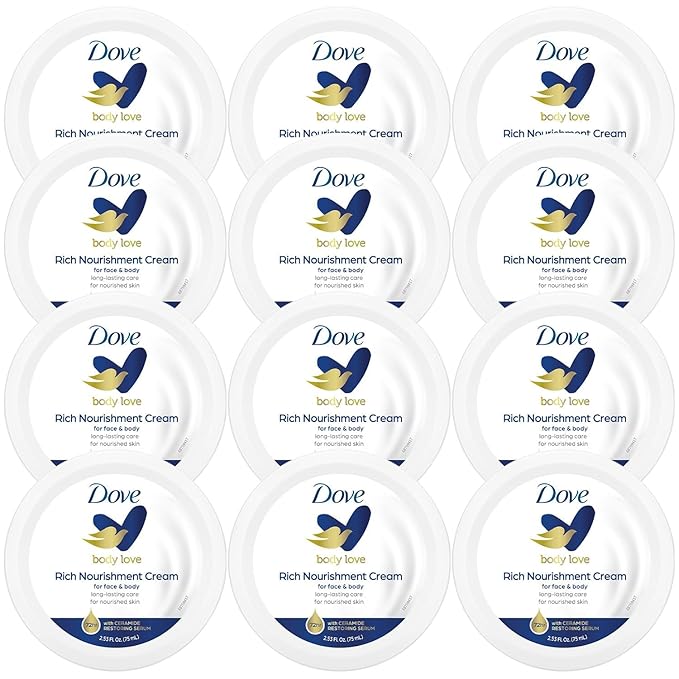Dove Body Love Rich Nourishment Cream, Face, Hand & Body Lotion for Extremely Dry Skin, Fast-Absorbing 72-Hour Moisturizing Cream with Ceramide Serum, Travel Size, 2.53 Oz (Pack of 12)