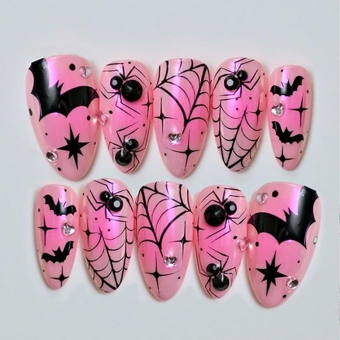 30Pcs Pink Halloween Press on Nails Medium Almond Fake Nails with Bat Spider Web Designs Halloween Full Cover False Nail Heart Rhinestones Glue on Nails 3D Black Spider Acrylic Nail for Women Girls