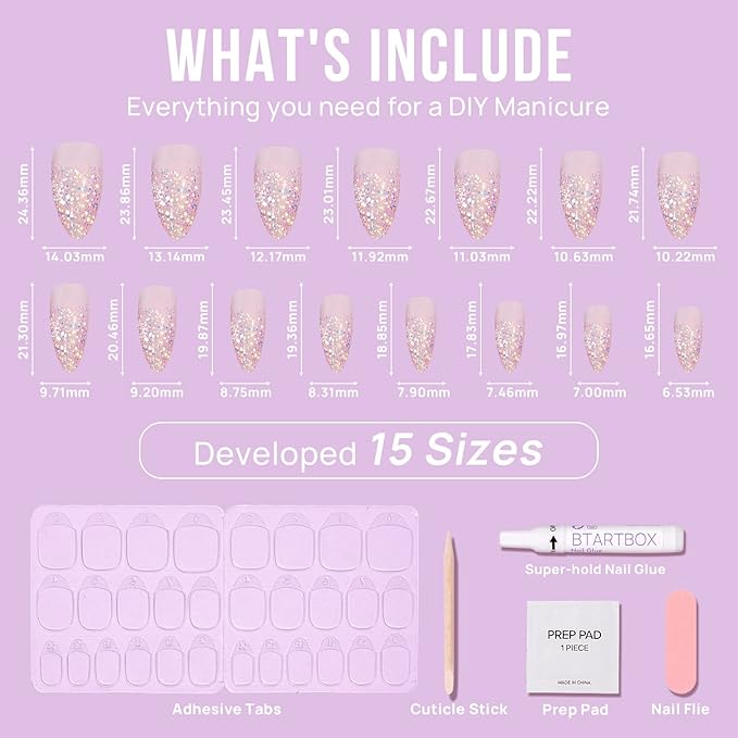 BTArtbox Press On Nails Medium- Christmas Supremely Fit & Natural Soft Gel Glue On Nails with Nail Glue, Reusable Stick On Nails in 15 Sizes - 30 Fake Nails Kit, Pink Sparkle