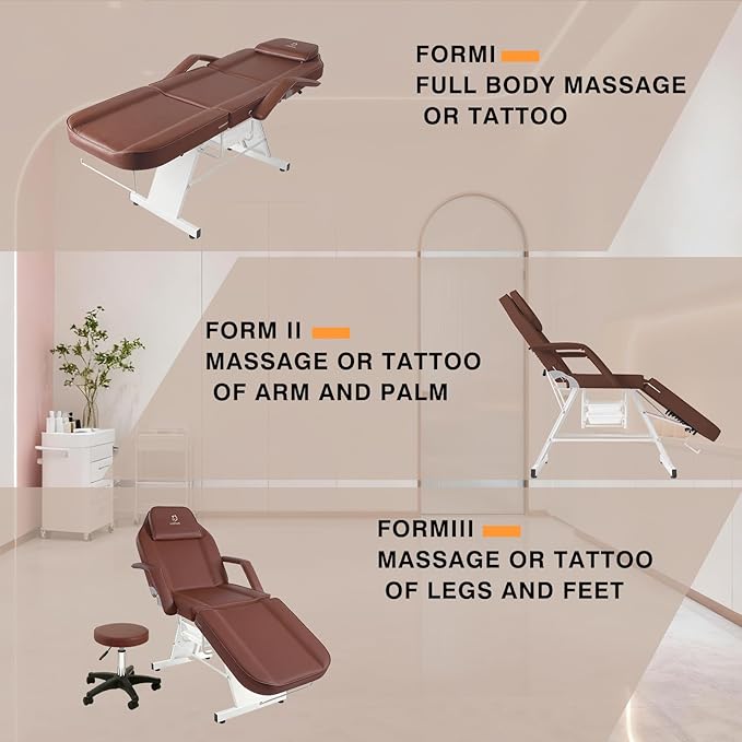 Facial Chair,73 inch Tattoo Chair for Client,3-Section Adjustable Massage Table with Hydraulic Stool, Multipurpose Beauty Beds Salon Equipment for Esthetician, Tattooshop, Spa (Brown)