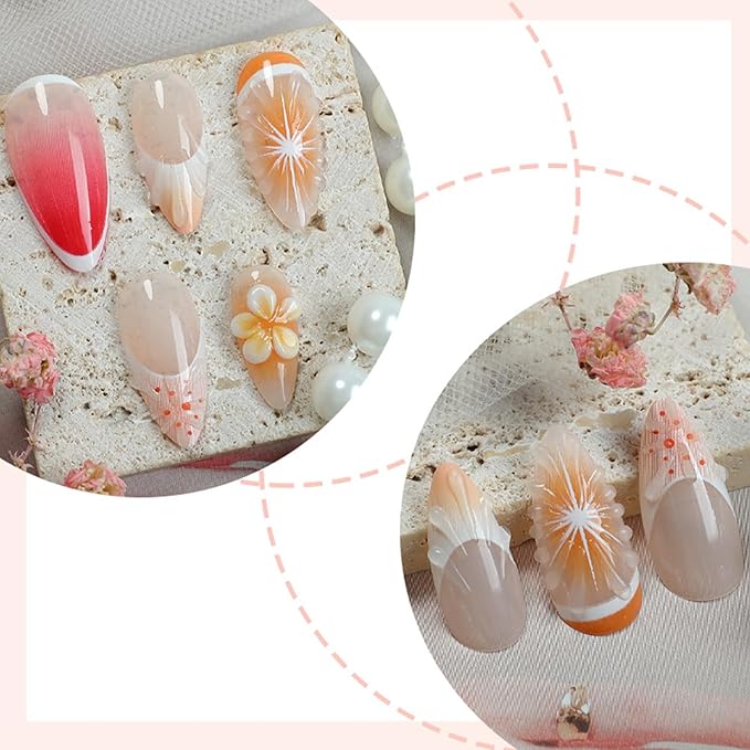 IMRAIN Orange Press on Nails Medium Almond Fake Nails 3D Orange & Flower False Nails with Designs Summer Acrylic Nail Supplies Full Cover Glossy French Glue on Nails for Women Manicure 24Pcs
