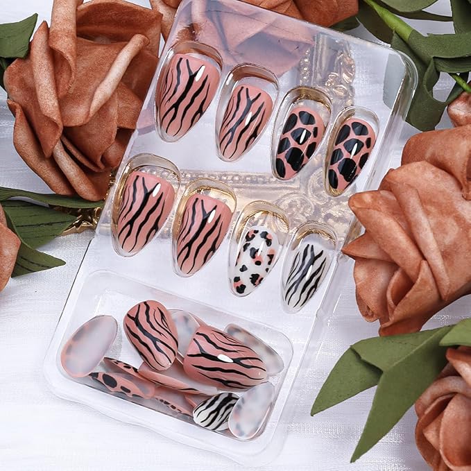 24Pcs Cute Almond Press on Nails Short Fake Nails Tiger Zebra Leopard Print Acrylic Nail Fall Glue on Nails Glossy Full Cover False Nail Autumn Winter Design French Artificial Nail for Women
