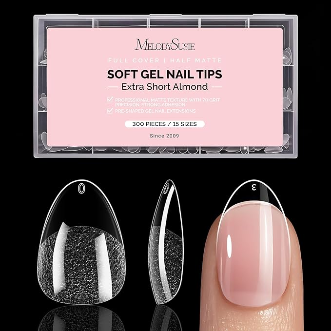 MelodySusie Extra Short Almond X Nail Tips - 300Pcs Clear Acrylic,Half Matte Full Cover Press on Nails for DIY Extension & Salon Use,15 Sizes Pre-Shaped for Long-Lasting Manicure