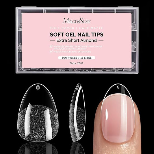 MelodySusie Extra Short Almond X Nail Tips - 300Pcs Clear Acrylic,Half Matte Full Cover Press on Nails for DIY Extension & Salon Use,15 Sizes Pre-Shaped for Long-Lasting Manicure