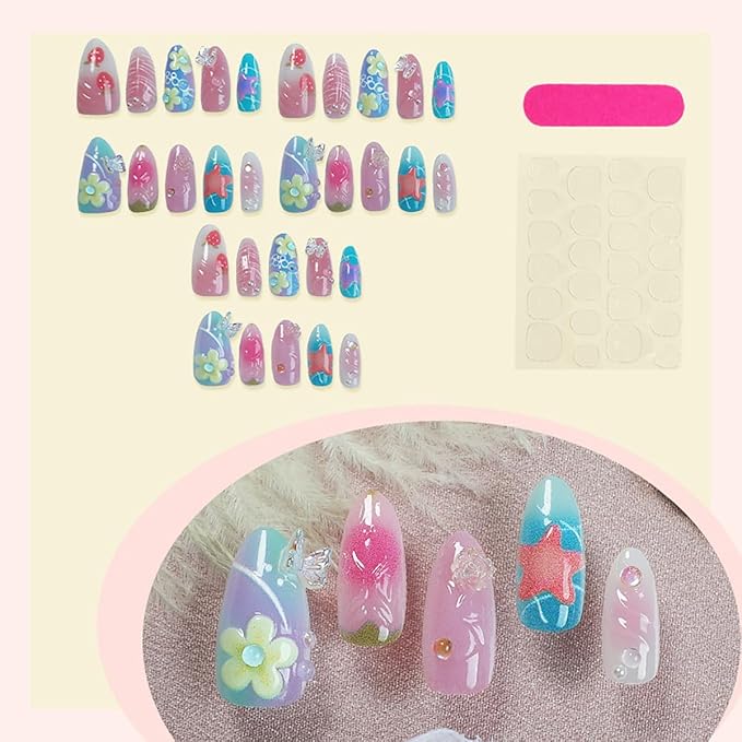 24Pcs Pink Flower Press on Nails Medium Almond Fake Nails with 3D Gold Shell Pearl Design Colorful French Tip False Nails Full Cover Artificial Glue on Nails Summer Beach Stick on Nail for Women