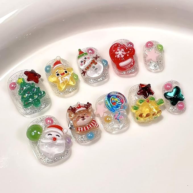 10Pcs Christmas Press on Nails Petite Square Fake Nails Santa Claus Elk Christmas Tree Bells Rhinestones Full Cover Glitter Stick on Nails Cute Winter False Nails Xmas Glue on Nail for Acrylic DIY