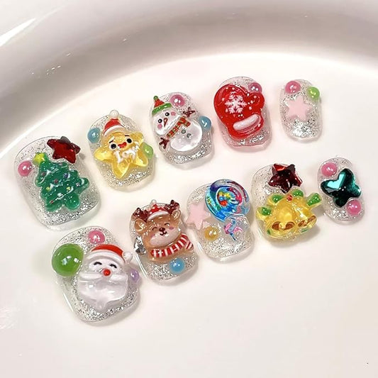10Pcs Christmas Press on Nails Petite Square Fake Nails Santa Claus Elk Christmas Tree Bells Rhinestones Full Cover Glitter Stick on Nails Cute Winter False Nails Xmas Glue on Nail for Acrylic DIY