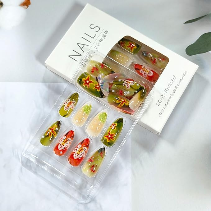 24Pcs Medium Press on Nails Almond Fake Nails Summer Flower Acrylic False Nails with Peals Design Glossy Red Green Glue on Nail Cute Floral Leaf Handmade Nails for Women