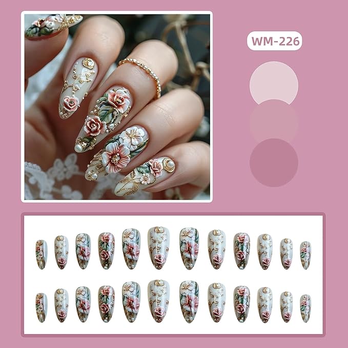 Flower Press on Nails Medium Length Almond Tip Acrylic Fake Nail Full Cover Glossy Floral Stick on Nails Peony Flower Pattern Design Artificial Fingernails 24Pcs DIY Glue on Nails for Women