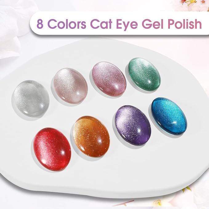 ROSALIND 8PCS Cat Eye Gel Polish with Magnet Stick - Magnetic Cat eye Gel Nail Polish Sparkle Diamond Effect Magic Magnetic Glitter Soak Off Led Nail Art DIY Salon Gifts For Women
