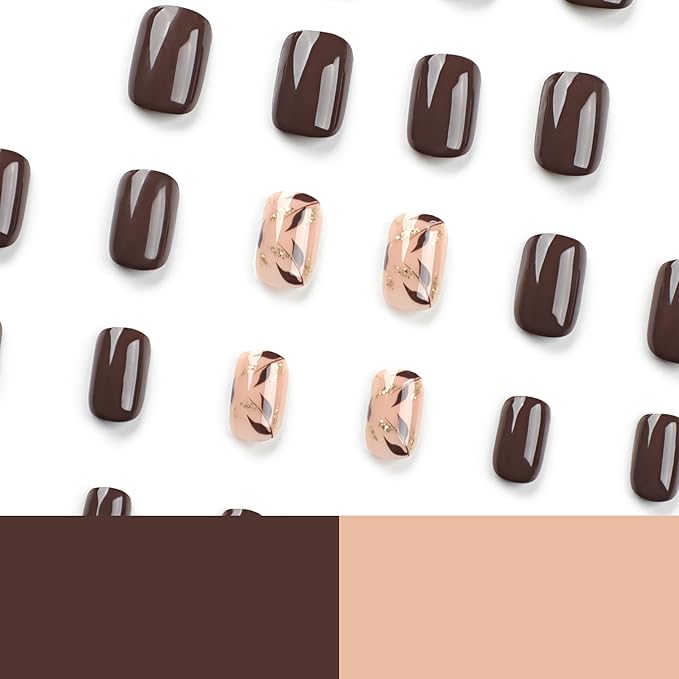 Dark Brown Press on Nails Short Square Fake Nails with Golden Leaf Accents Glitter Designs, Glossy Gel Finish Acrylic Short Fake Nails, Thick Natural Glue on Nails Kit for Women, 30Pcs