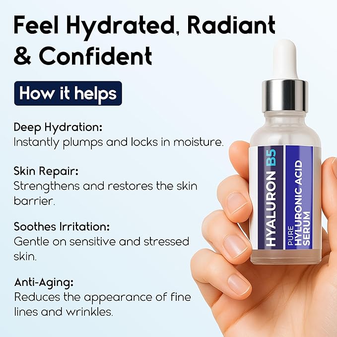 Hyaluronic Acid Serum for Face – 2.5% Hyaluronic Acid + 3% B5 - Acido Hialuronico B5 Serum for Women - Hydrating Formula for Fine Lines, Wrinkles & Anti Aging - 30ml