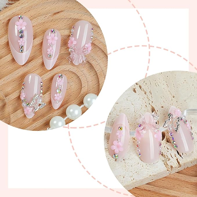 24Pcs 3D Flower Press on Nails Medium Almond Fake Nails with Gold Pink Bow Butterfly Rhinestones Full Cover Artificial Glue on Nails French Tip False Nails Summer Pink Floral Stick on Nails for Women