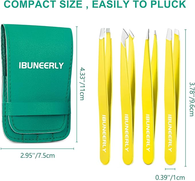 Eyebrows Tweezers Set, 4Pcs Stainless Steel Tweezers for Women with Travel Case, Great Precision for Ingrown Hair, Facial Hair and Splinter Removal
