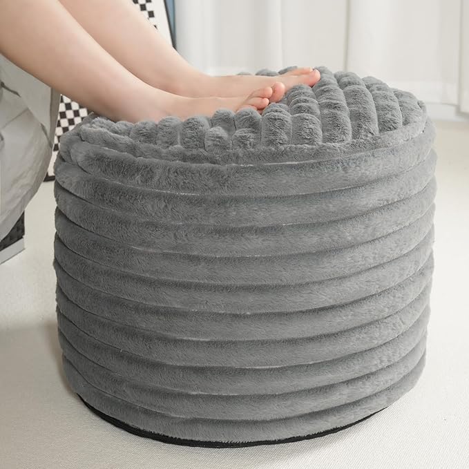 Pouf Ottoman Stuffed Round for Foot Rest, Faux Fur Poufs with Foam Chunk Filling, Storage Ottoman Pouf Foot Stool Cushion, 20 X 15 Inch Floor Chair for Living Room Bedroom Home Decor, Light Gray