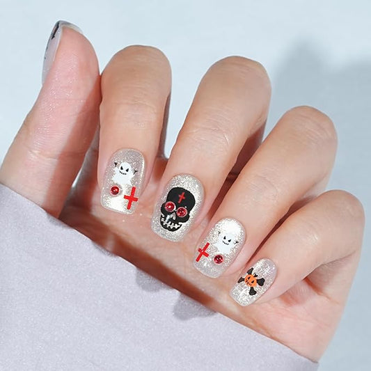 Press On Nails Halloween - Dark Coven, Halloween Press On Nails Short Cat Eye, Acrylic Square Glue On Nails with Nail Glue, Fit Perfectly & Natural Stick On Nails in 16 Sizes - 32 PCS Soft Gel Kit