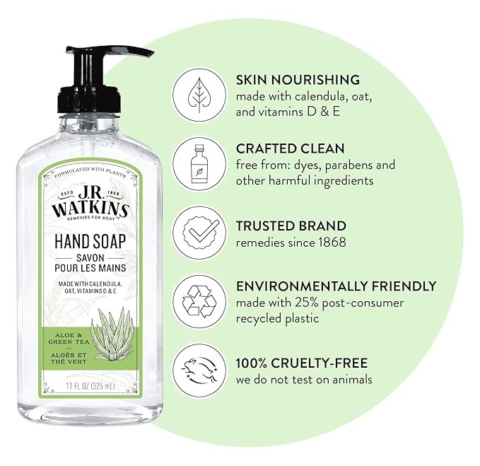 J.R. Watkins Gel Hand Soap, 3 Pack of 11 Fl Oz, Aloe & Green Tea