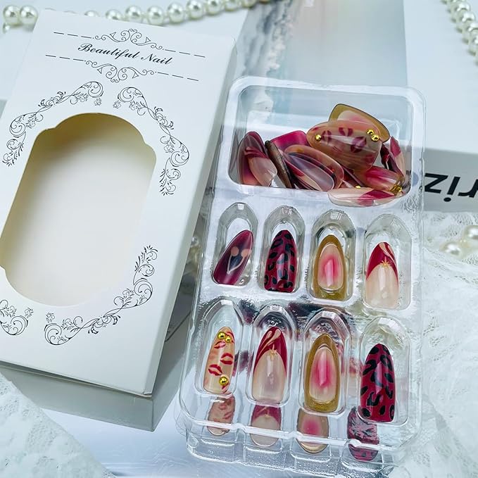 Red Lips Cherry Press on Nails Medium Almond Shaped False Nails with Golden Beads Designs NEWSPIED Valentines French Tip Fake Nails Red Glossy Acrylic Glue on Nails for Women Girls Manicure Tips 30Pcs