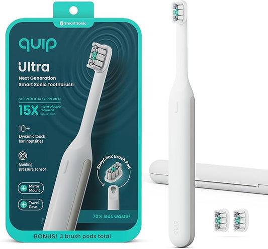 Quip Ultra Next Generation Smart Toothbrush - Timed Electric Toothbrush with Case - Replaceable Brush Head, Soft Bristles, Silicone Handle, 30-Day Battery Life - Travel Toothbrush - Stone