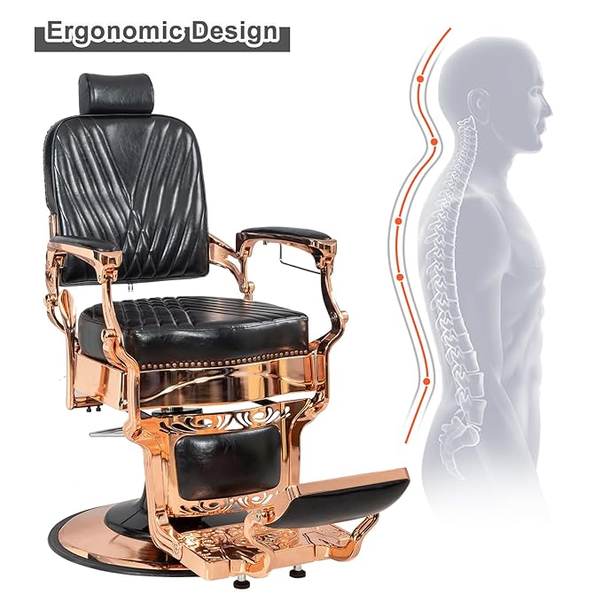 Winado Heavy Duty Vintage Recline Barber Chair Hydraulic with Headrest, Supports up to 700lbs & 360° Rotatable, Professional Salon Beauty Spa Shampoo Equipment (Rose Gold - Square Twill Backrest)