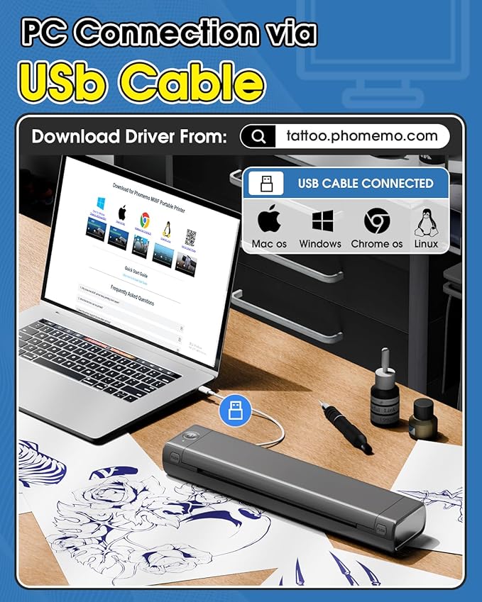 Phomemo M08F Bluetooth Tattoo Stencil Printer, Thermal Tattoo Machine with 10pcs Transfer Paper, Portable Wireless Stencil Printer for Tattooing, Compatible with Smartphone & PC, Grey