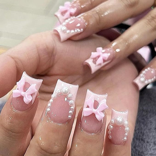 White French Press on Nails Medium Square Fake Nails Pink Nails Press ons Cute Acrylic Nails Spring False Nails with Pearl Bow Charm Designs Artificial Stick on Nails for Women 24Pcs