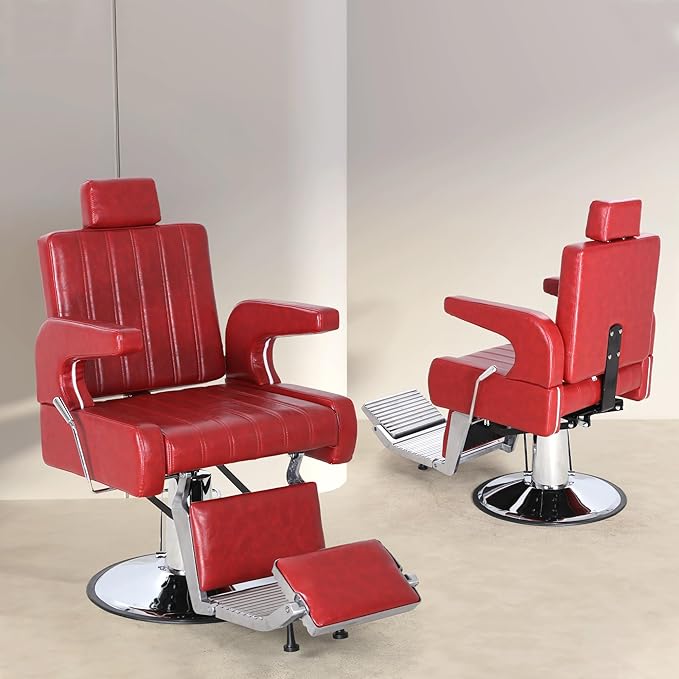 FHFO Barber Salon Hair Chairs for Barbershop, Hydraulic Barber Chair 360° Swivel Reclining, Adjustable PU Leather Beauty Styling Salon Chair for Barbershop Spa Red/Silver
