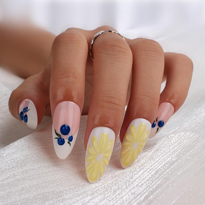 Summer Fruit 3D Press On Nails Almond Shape – Medium Length Acrylic Fake Nails with Blueberry & Lemon Art, Cute Glossy Stick On Nails for Women, Reusable DIY Nail Kit with Glue, 24PCS