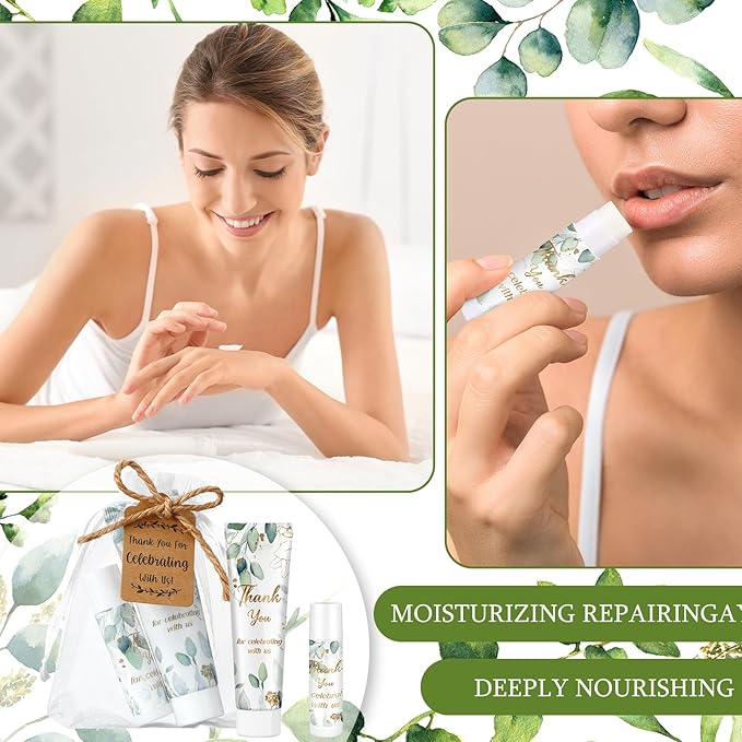 200 Pcs Baby Shower Wedding Party Favors Gift Set, 50 Pcs Baby Shower Hand Cream and 50 Lip Balm for Wedding Bridesmaid Guests Gift Supplies with 50 Organza Bag 50 Thank You Tag(Eucalyptus)