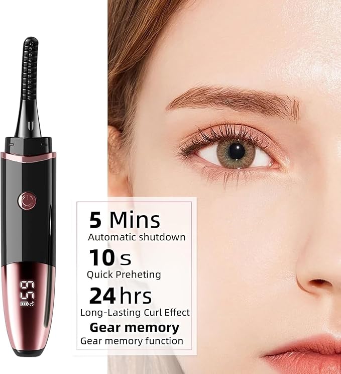 Heated Eyelash Curler, Fast Heat up Within 10s, 24 Hours Long Lasting, Rechargeable Electric Eyelash Curler, Temperature Control, Mini Lash Curler Safe Anti-Burn Eyelash Curle, with LED Display-Black