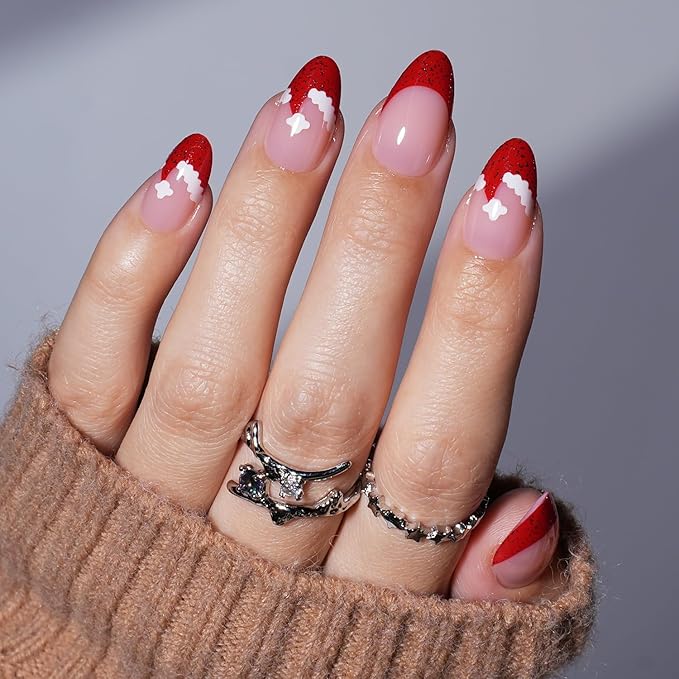 Christmas Press On Nails - Candycap Short Almond Fake Nails, Red French Tip Press On Nails Reusable Stick On Nails in 16 Sizes, 32pcs False Nail Kit for Women & Girls