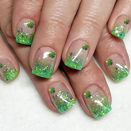 24Pcs St. Patrick's Day Fake Nails French Tip Press on Nails Short Square False Nails Shamrock Glue on Nails with Green Glitter Nails Tip Design Four Leaf Clover Acrylic Nails for Irish Women Manicure