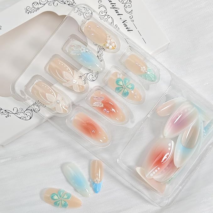 24Pcs Blue Flower Press on Nails Medium Almond Fake Nails White Blue Pearl Hawaiian Flowers with Pearl Design Summer Stick on Nails French Tip False Nails for Women Acrylic Nails Holiday Decorations