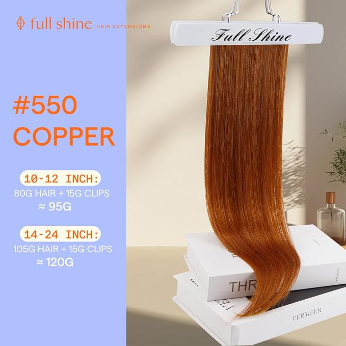 Full Shine Clip in Hair Extensions 24 Inch Copper Human Hair Clip in Extensions Straight Invisible Hair Brazilian Remy Human Hair Copper Red 7 Pcs