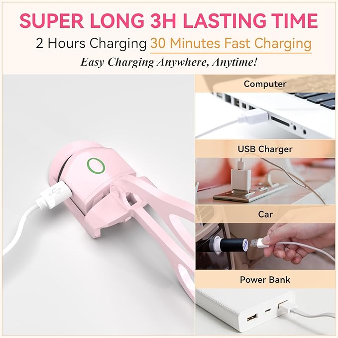 Heated Eyelash Curlers - Electric Eyelash Curler Quick Natural Curling for Long Lasting, USB Rechargeable Heated Eye Lash Curler for Women Makeup Tools (Light Pink)