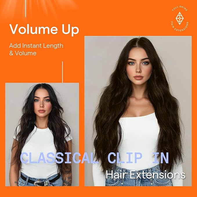 Full Shine Invisible Clip in Hair Extensions Human Hair 28 Inch Dark Brown Human Hair Clip in Extensions for Festivals for Fine Hair 7 Pcs 150 G