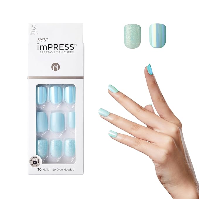 KISS imPRESS No Glue Mani Press On Nails, Design, 'Rain Check', Blue, Short Size, Squoval Shape, Includes 30 Nails, Prep Pad, Instructions Sheet, 1 Manicure Stick, 1 Mini File