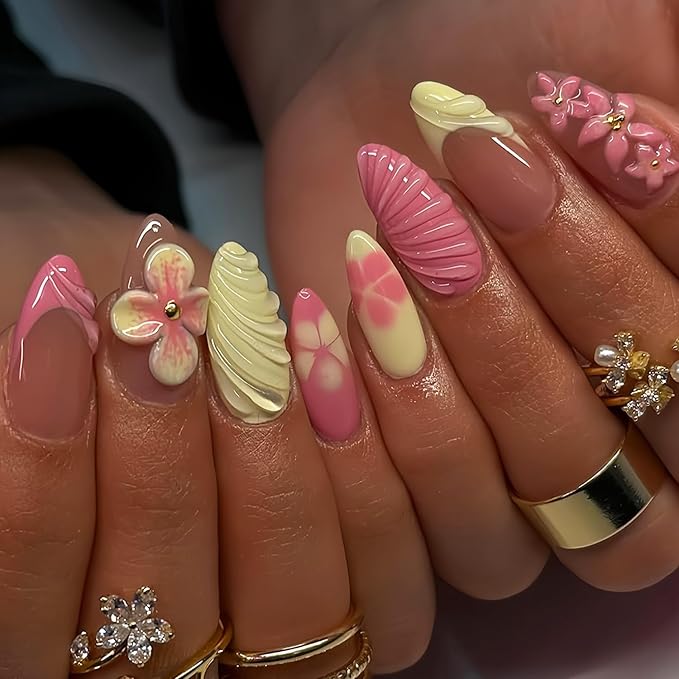 24Pcs French Tip Press on Nails Medium Almond Fake Nails with 3D Flower Gold Beads Designs Pink Yellow Floral Acrylic Nail Tips Full Cover Summer Fall False Nails Cute Flowers Stick on Nails for Women