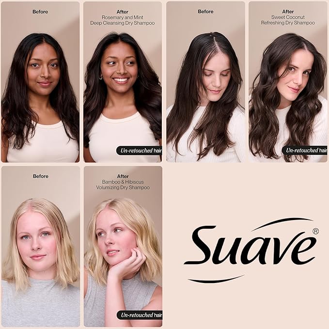 Suave+ Dry Shampoo Spray Variety 3-Pack – Invigorating Rosemary & Mint, Volumizing Bamboo & Hibiscus + Refreshing Sweet Coconut, 4.3 Oz Ea