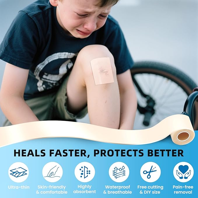 Hydrocolloid Roll for Wound Care, 2in x 16ft Large Medical Grade Hydrocolloid Bandages Patch with Self-Adhesive, Cut-to-Size, Ultra Absorbent, Flexible & Waterproof for Acne, Burn, Blister