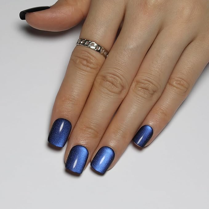 Blue Square Press On Nails Short, Blue to Black Gradient Cat Eye Press on Nails with Glue for Women Ashionable Gel False Nails Reusable Acrylic False Nails Women's Glitter Nails Glue On Nails Kit