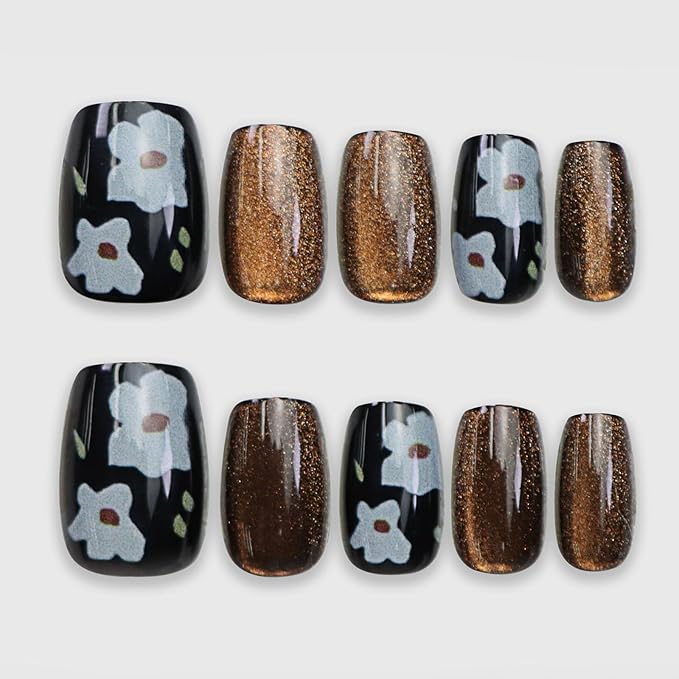 Cat Eye Press on Nails Short Coffin Fake Nails with Flower Glitter Designs Black Nails Press ons Glossy Brown Acrylic Spring Winter Fall Cute for Women 24Pcs
