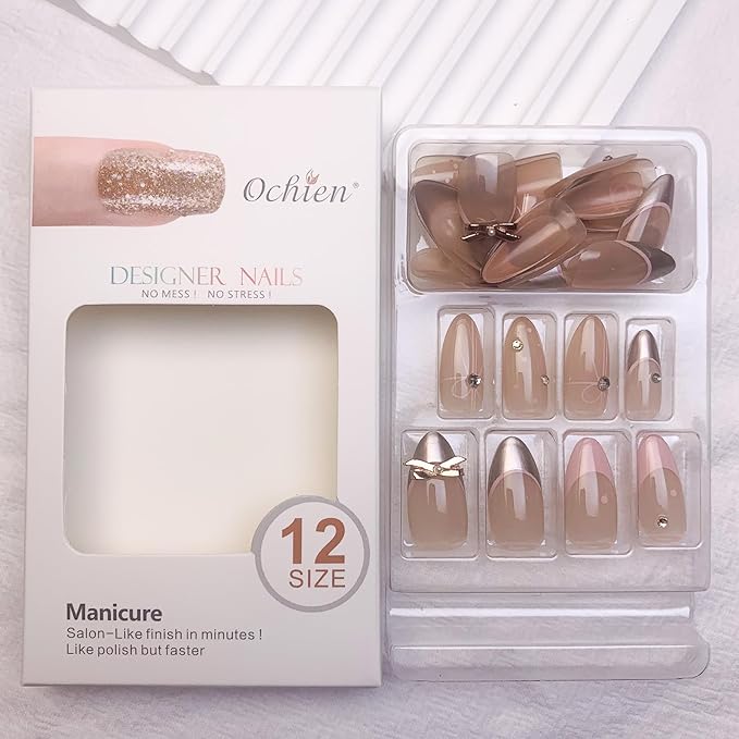 French Tip Press on Nails Medium Almond Fake Nails Bow Charms Full Cover Stick on Nails Nude Pink False Nails with Pearl Rhinestone Nail Tips Designs Acrylic Nails for Women Girls 30 Pcs