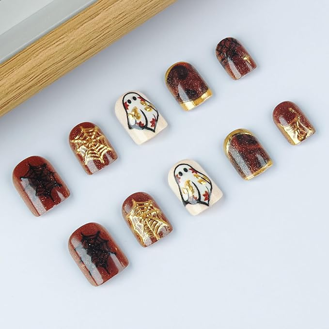 Halloween Press on Nails 3D Gold Spider Web Fake Nails Short Square False Nail with Cute Ghost Designs Brown Glossy Acrylic Nail Fall Glue on Nails for Women Holiday DIY Manicure Kit