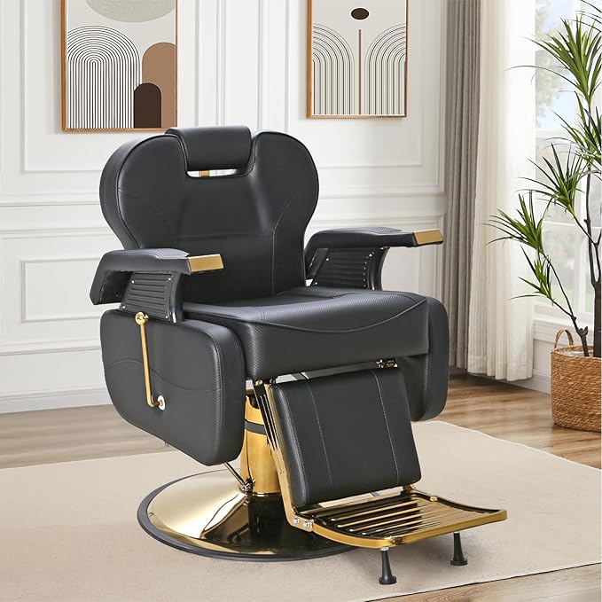 FHFO Barber Chairs for Barbershop, Heavy Duty Hydraulic Barber Chair 360° Swivel Reclining, Adjustable PU Leather Beauty Salon Chair for Barbershop Spa Black/Gold