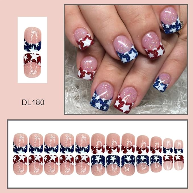 4th of July Press on Nails Short Square Independence Day Fake Nails Red Blue French Tip Glue on Nails with Glitter Star Designs Full Cover Acrylic Stick on Artificial False Nails for Women Girls 24Pcs