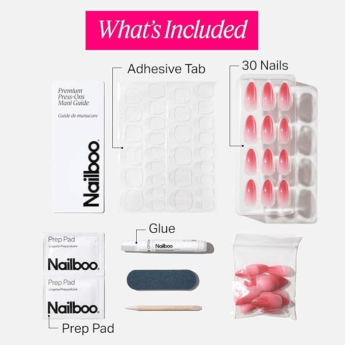 Nailboo Press On Nails, Salon-Quality Reusable Fake Nails for Fast DIY Manicure with Strong Hold Nail Glue for Press Ons, Nail File, & Alcohol Prep Pads, Glow Up